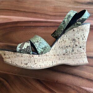 Donald J Pliner Green Snakeskin Strappy Cork Wedge Sandals Womens 9 Italian